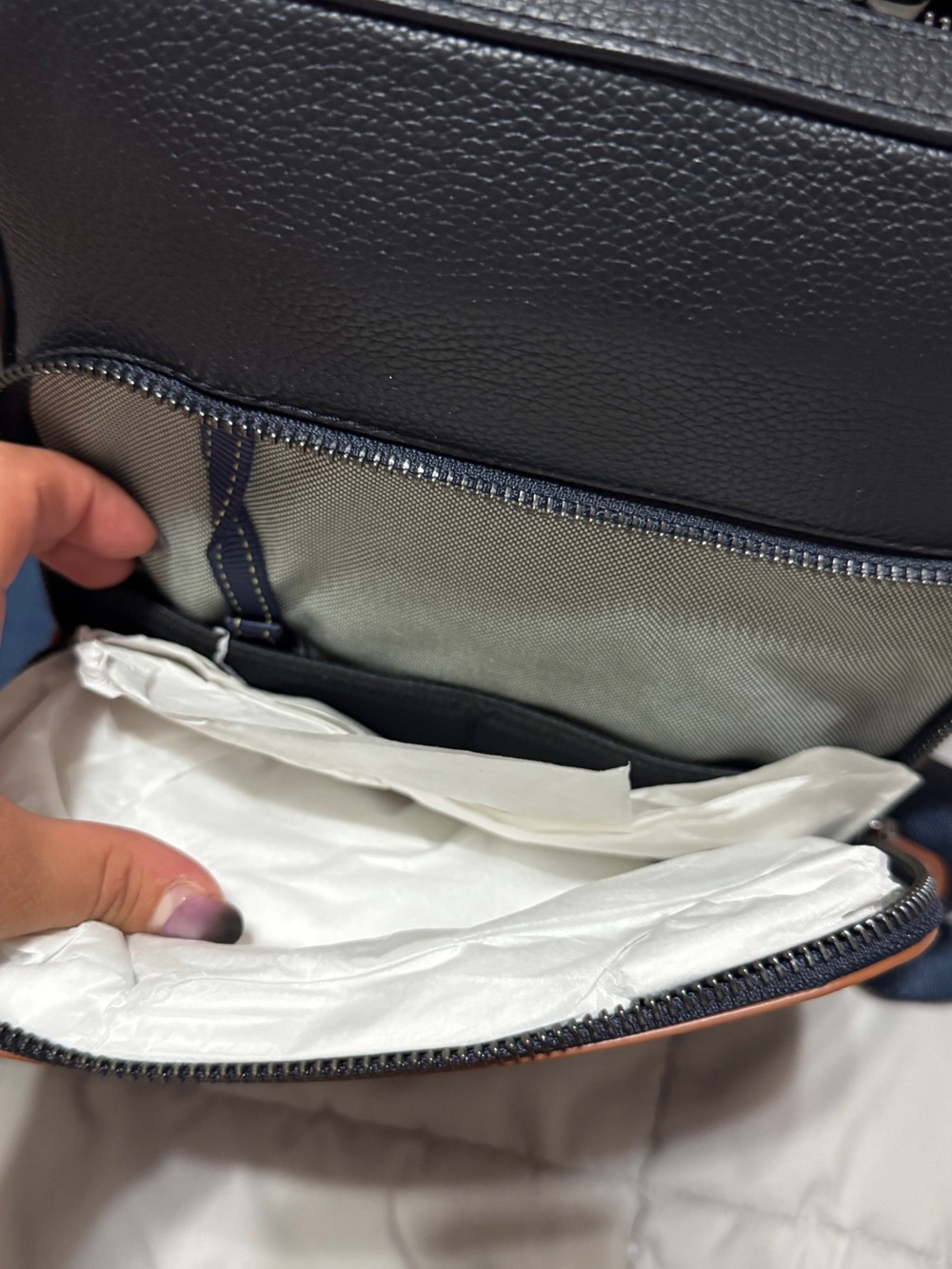 Cole Haan Navy and British Tan Leather Sling Bag - Picture 8 of 9
